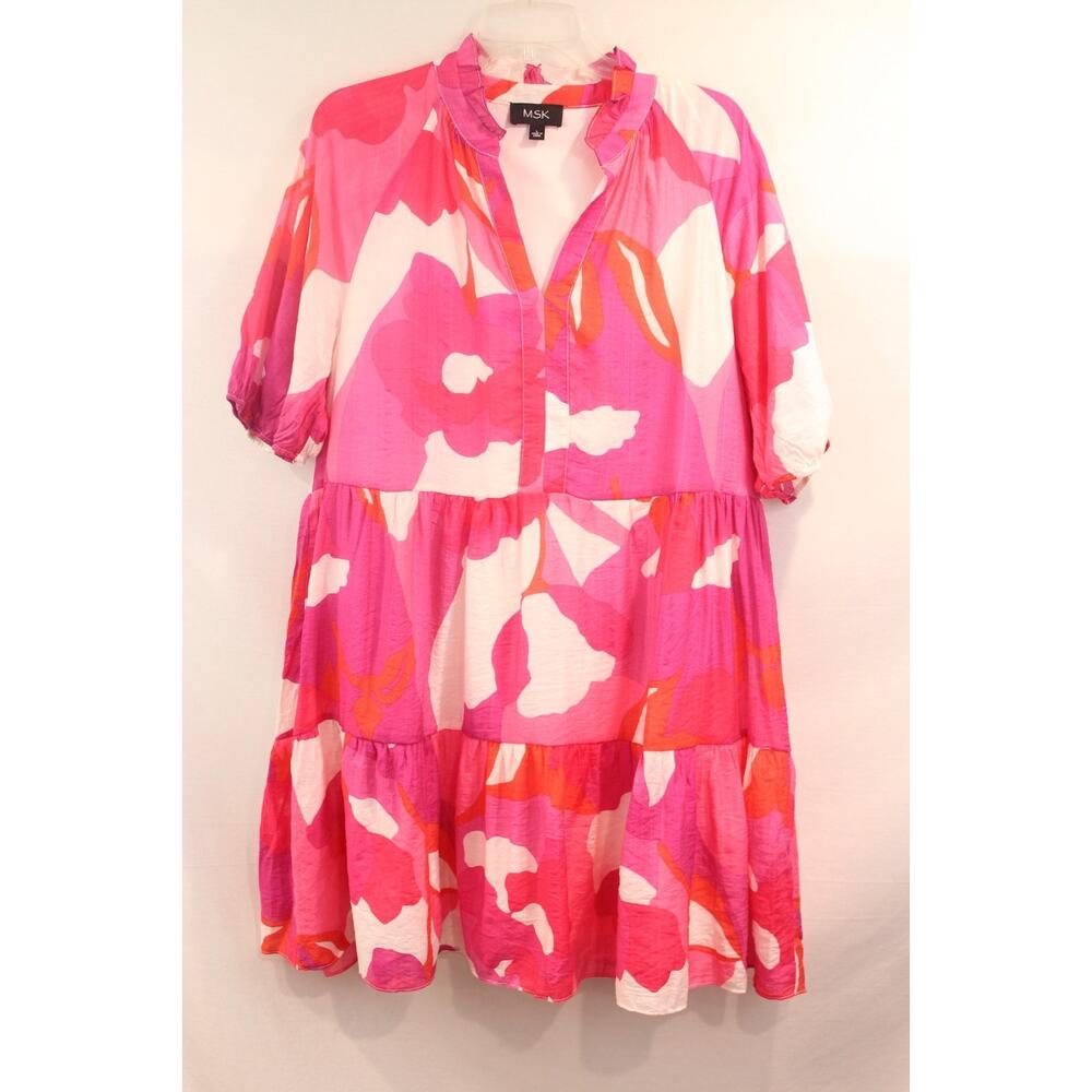 MSK Tiered Sundress Womens size L Pink V-Neck Puff Short Sleeve Chic Coquette